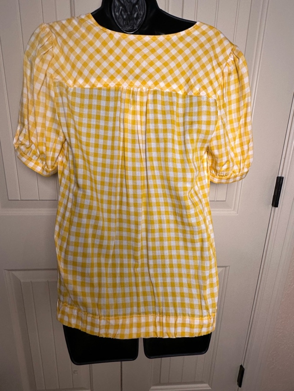 Kut From the Kloth Yellow White Gingham Picnic Plaid Short Sleeve V Neck Shirt S - Picture 10 of 14